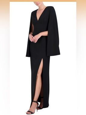 NWT $398 BCBGMaxAzria Black V-Neck Gown with Cape Sleeves and Front Slit. Size 2